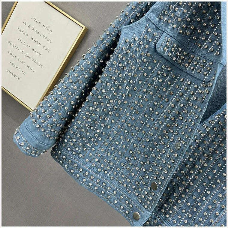 [EWQ] Streetwear Patchwork Rivet Denim Jacket Women Fashion Lapel Long Sleeve Loose Coats Female Outerwear 2023 Autumn New Trend - KIMLUD