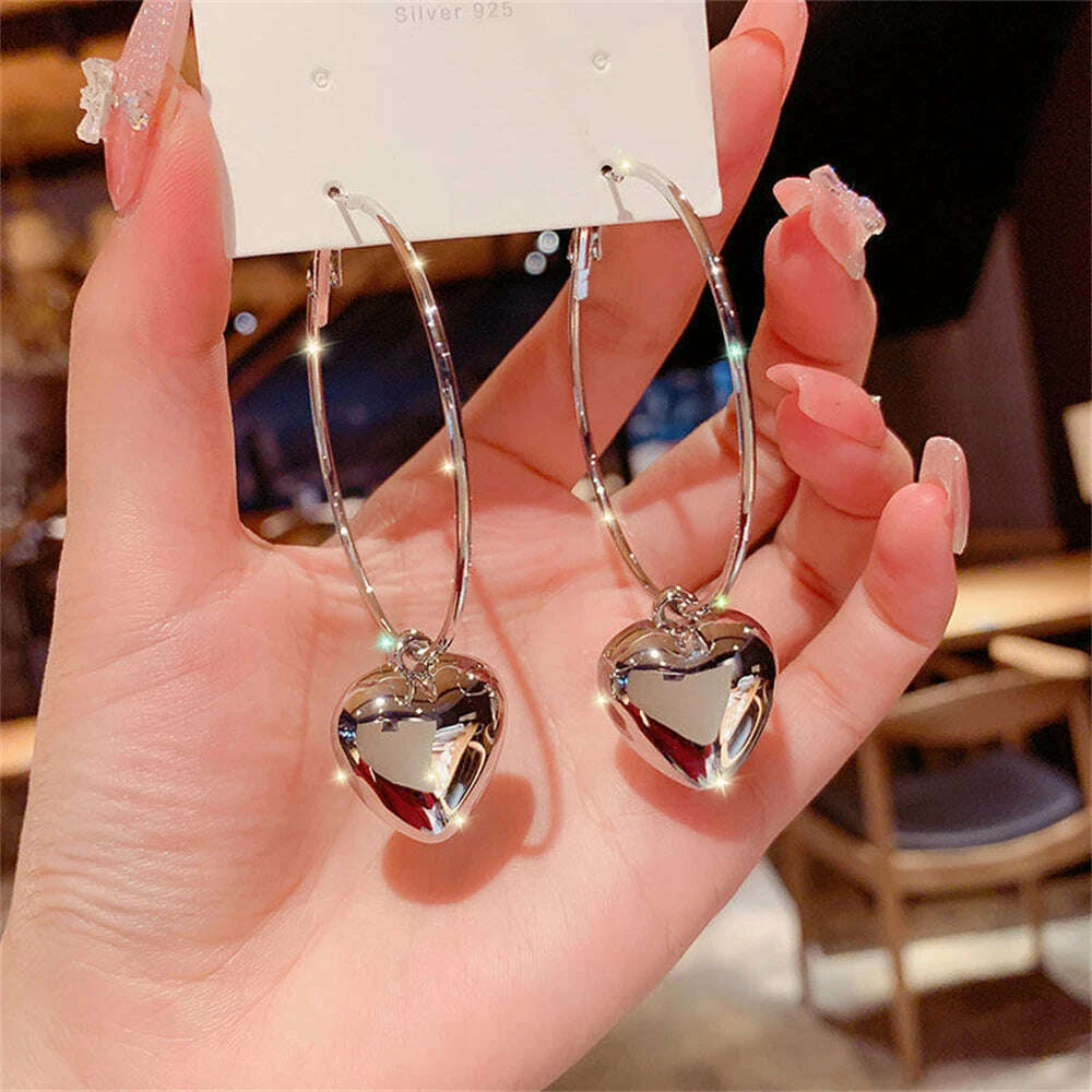 KIMLUD, Exaggerated Fashionable Ring Hollow Heart Big Earrings Temperament Women's Jewelry Exquisite Heart-shaped Korean Earrings Gifts, Silver Color, KIMLUD APPAREL - Womens Clothes