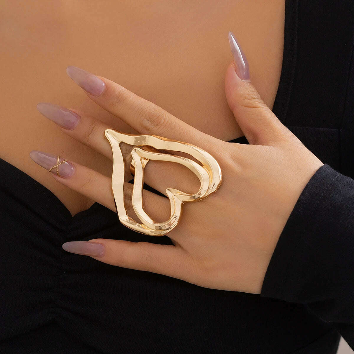 KIMLUD, Exaggerated Large Hollow Double Hearts Finger Ring for Women Trendy Big Accessories on Hand 2023 Fashion Jewelry Decoration Gift, S01 Gold Color, KIMLUD APPAREL - Womens Clothes