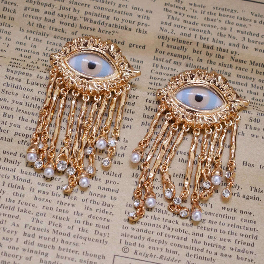 KIMLUD, Exaggerated Resin Eyes With Alloy Tassel Dangle Earrings For Women Fashion Jewelry Baroque Style New Lady Ears' Accessories, gold, KIMLUD APPAREL - Womens Clothes