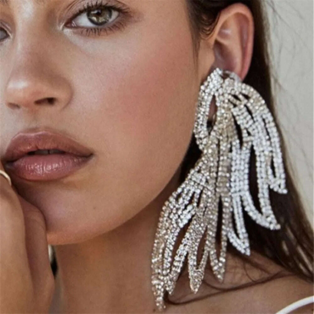 Exaggerated Rhinestone Oversized Wing Drop Earrings Dinner Jewelry for Women Crystal Irregular Big Dangle Earrings Accessories - KIMLUD