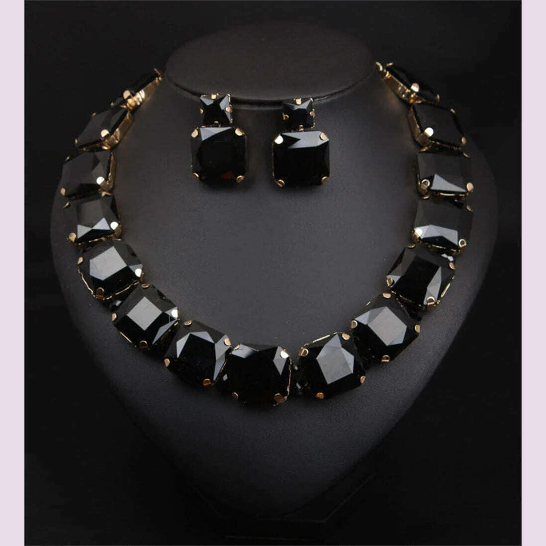 Exaggerated Shiny Square Black Crystal Necklace Earring Set Jewelry Fashion Banquet Party Rhinestone Jewelry Set Accessories - KIMLUD