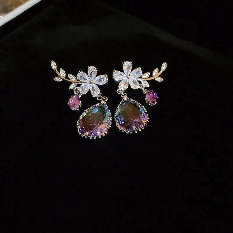 Exquisite Purple Zircon Earrings Rhinestone Women's Earrings Water Drop Flower Dangle Earring Anti-allergy Ear Jewelry Brincos - KIMLUD