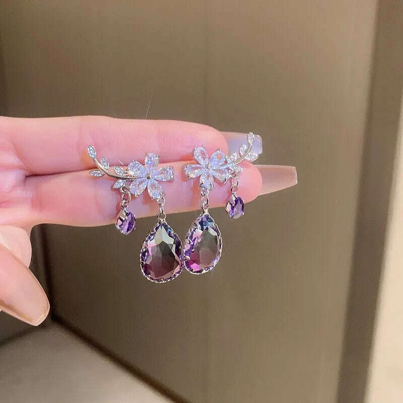 Exquisite Purple Zircon Earrings Rhinestone Women's Earrings Water Drop Flower Dangle Earring Anti-allergy Ear Jewelry Brincos - KIMLUD