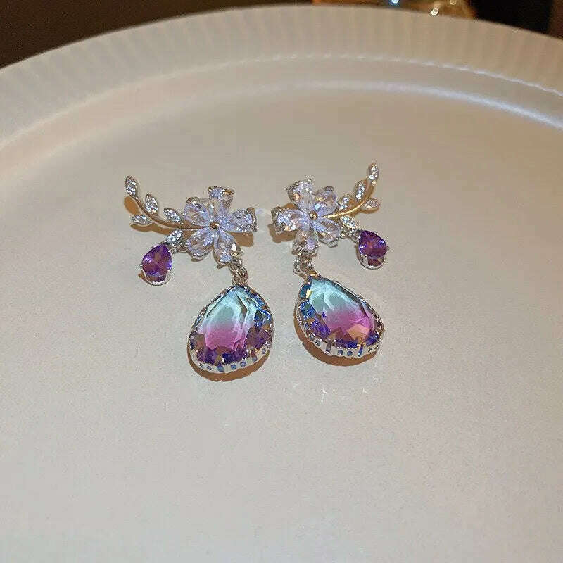 Exquisite Purple Zircon Earrings Rhinestone Women's Earrings Water Drop Flower Dangle Earring Anti-allergy Ear Jewelry Brincos - KIMLUD