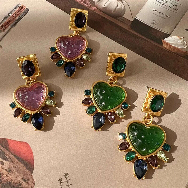 KIMLUD, Exquisite Women Girls Vintage Palace Heart Crystal Earrings Lady Fashion Baroque Style Luxury Exaggerated Ear Rings Accessories, KIMLUD Womens Clothes