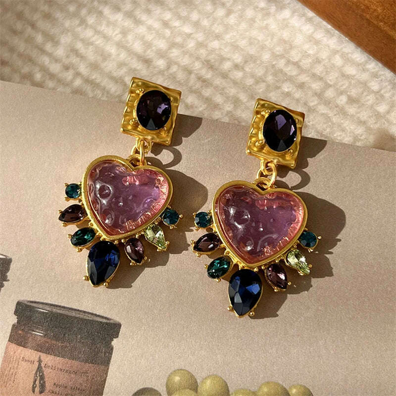 KIMLUD, Exquisite Women Girls Vintage Palace Heart Crystal Earrings Lady Fashion Baroque Style Luxury Exaggerated Ear Rings Accessories, KIMLUD Womens Clothes