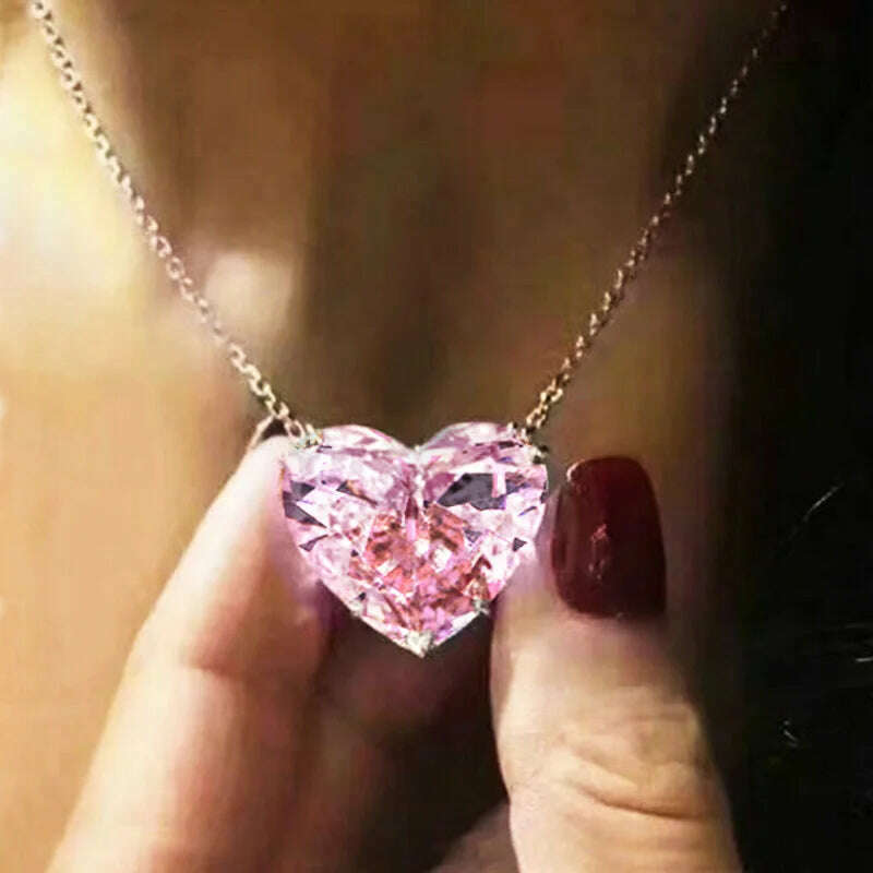 Exquisite Women's Fashion Heart Crystal Rhinestone Pendant Necklace for Women Versatile Female Pink Wedding Party Jewelry Gift - KIMLUD