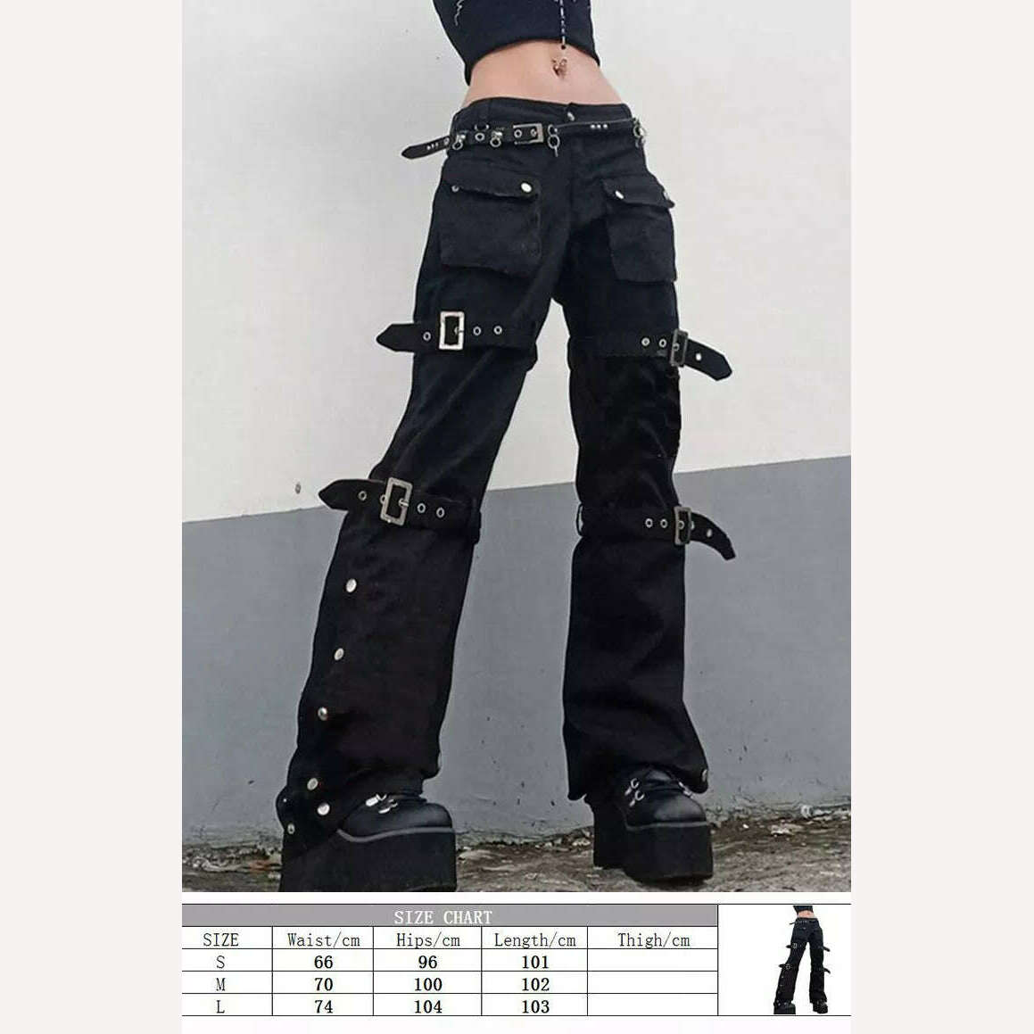 KIMLUD, Eyelet Buckle Cyber Punk Goth Baggy Jeans Y2K Woman Techwear Dark Academic Solid E Girl Cargo Pants Denim Gothic Hippie Trousers, 1 no belt / S, KIMLUD APPAREL - Womens Clothes