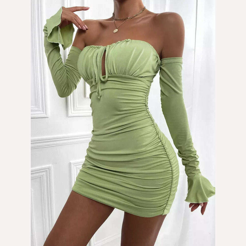 KIMLUD, Fairyshely Sexy Ruffle Short Club Dress Ladies 2022 Autumn Green Bodycon Dresses For Women Party Tight Mini Dress Clubwear, Green Dress / XS / China, KIMLUD APPAREL - Womens Clothes