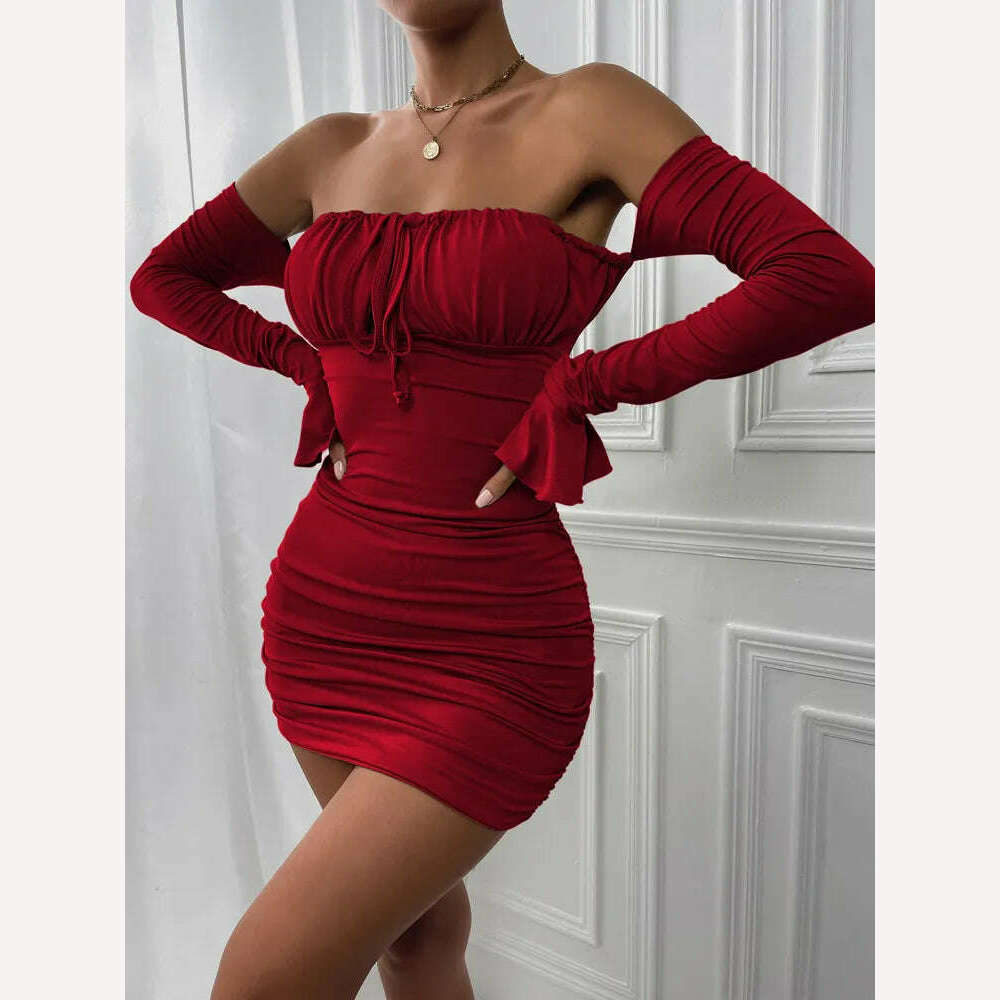 KIMLUD, Fairyshely Sexy Ruffle Short Club Dress Ladies 2022 Autumn Green Bodycon Dresses For Women Party Tight Mini Dress Clubwear, Wine Red Dress / XS / China, KIMLUD APPAREL - Womens Clothes