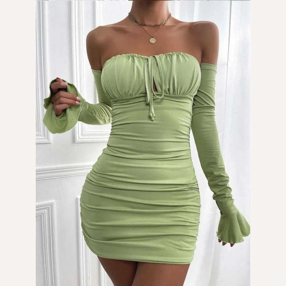 KIMLUD, Fairyshely Sexy Ruffle Short Club Dress Ladies 2022 Autumn Green Bodycon Dresses For Women Party Tight Mini Dress Clubwear, KIMLUD Womens Clothes