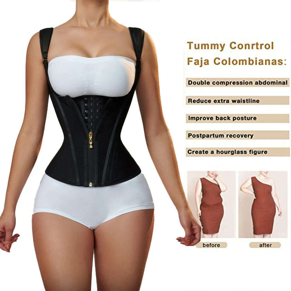 Fajas Colombianas Women Double Compression Waist Trainer Corset with Bone Adjustable Zipper and Hook-eyes Flat Belly Body Shaper - KIMLUD