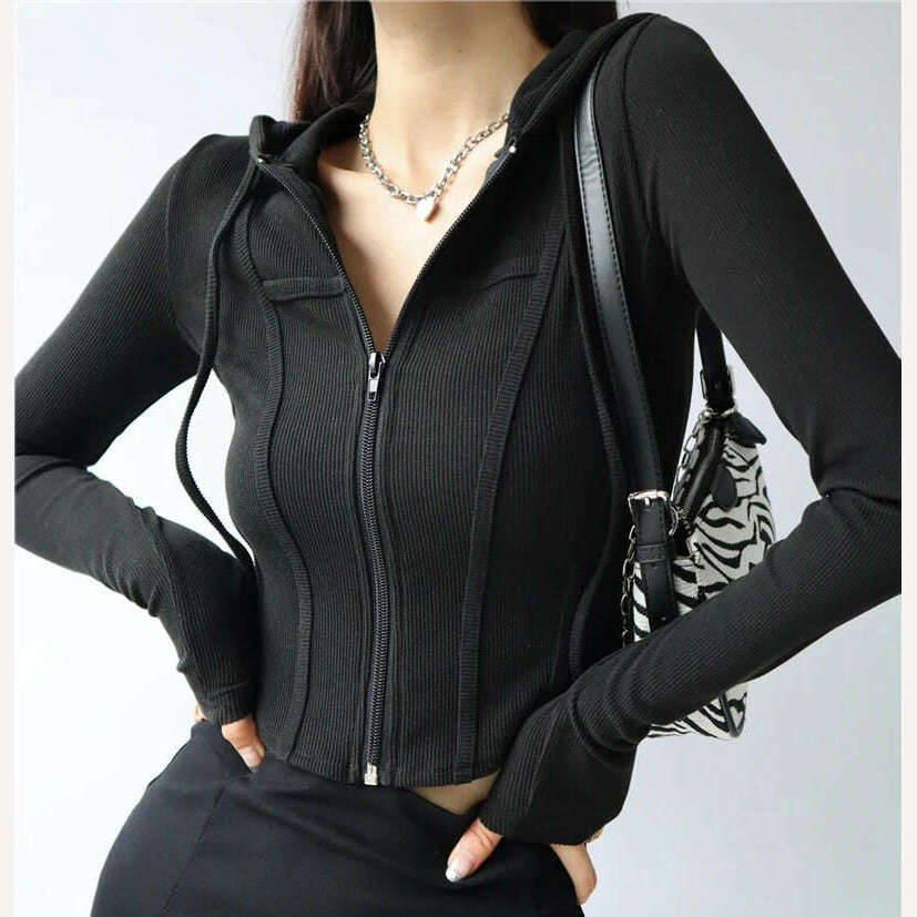 Fall fashion cropped hoodies women zip up hoodie korean fashion sweatshirts hooded cute long sleeve crop top sexy curve hem - KIMLUD