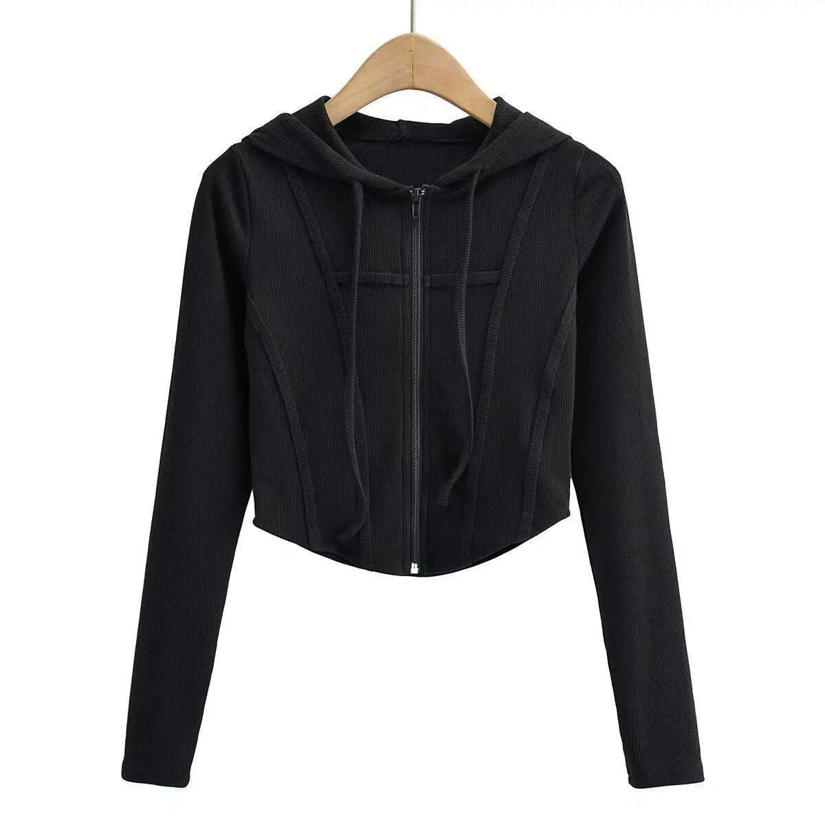 Fall fashion cropped hoodies women zip up hoodie korean fashion sweatshirts hooded cute long sleeve crop top sexy curve hem - KIMLUD