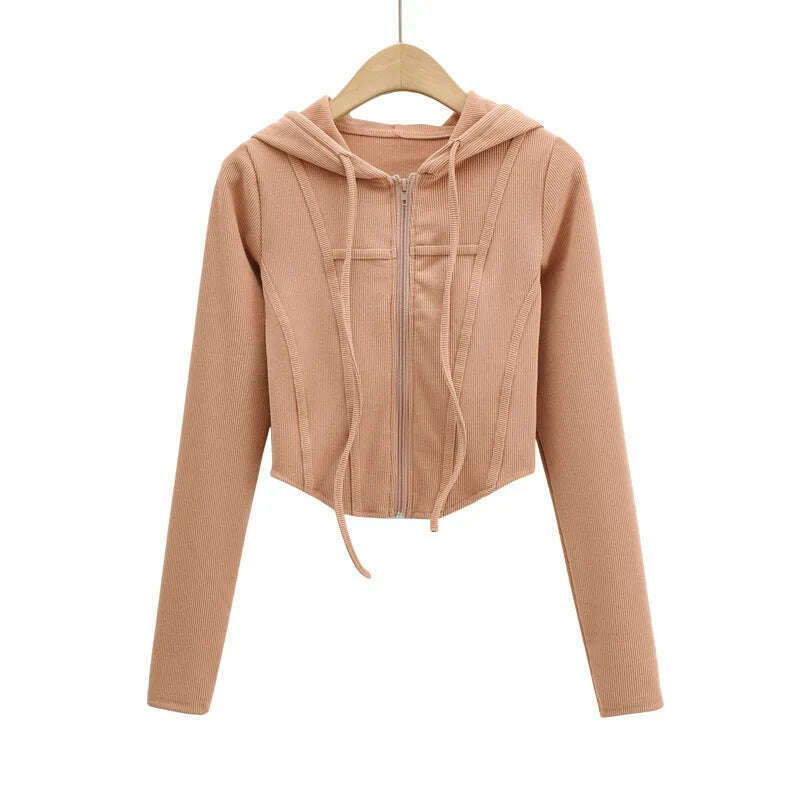 Fall fashion cropped hoodies women zip up hoodie korean fashion sweatshirts hooded cute long sleeve crop top sexy curve hem - KIMLUD