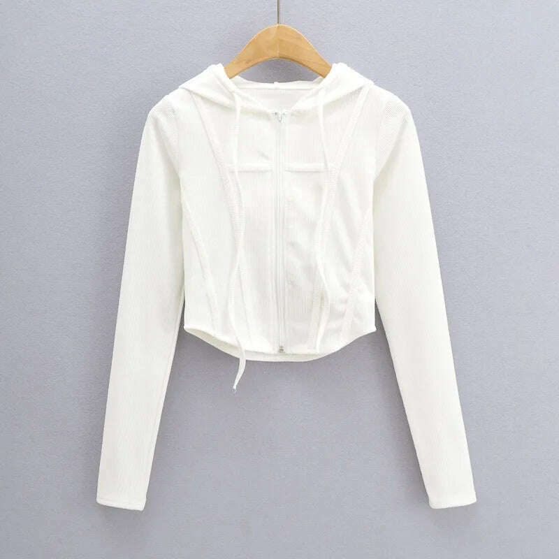 KIMLUD, Fall fashion cropped hoodies women zip up hoodie korean fashion sweatshirts hooded cute long sleeve crop top sexy curve hem, WHITE / L, KIMLUD APPAREL - Womens Clothes