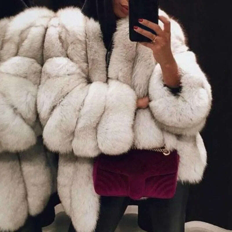 Fall Faux Fur Jackets for Women Long Puff Sleeve Woman Coat Solid Short Warmth Outerwear Clause Ladies Elegant Streetwear - KIMLUD