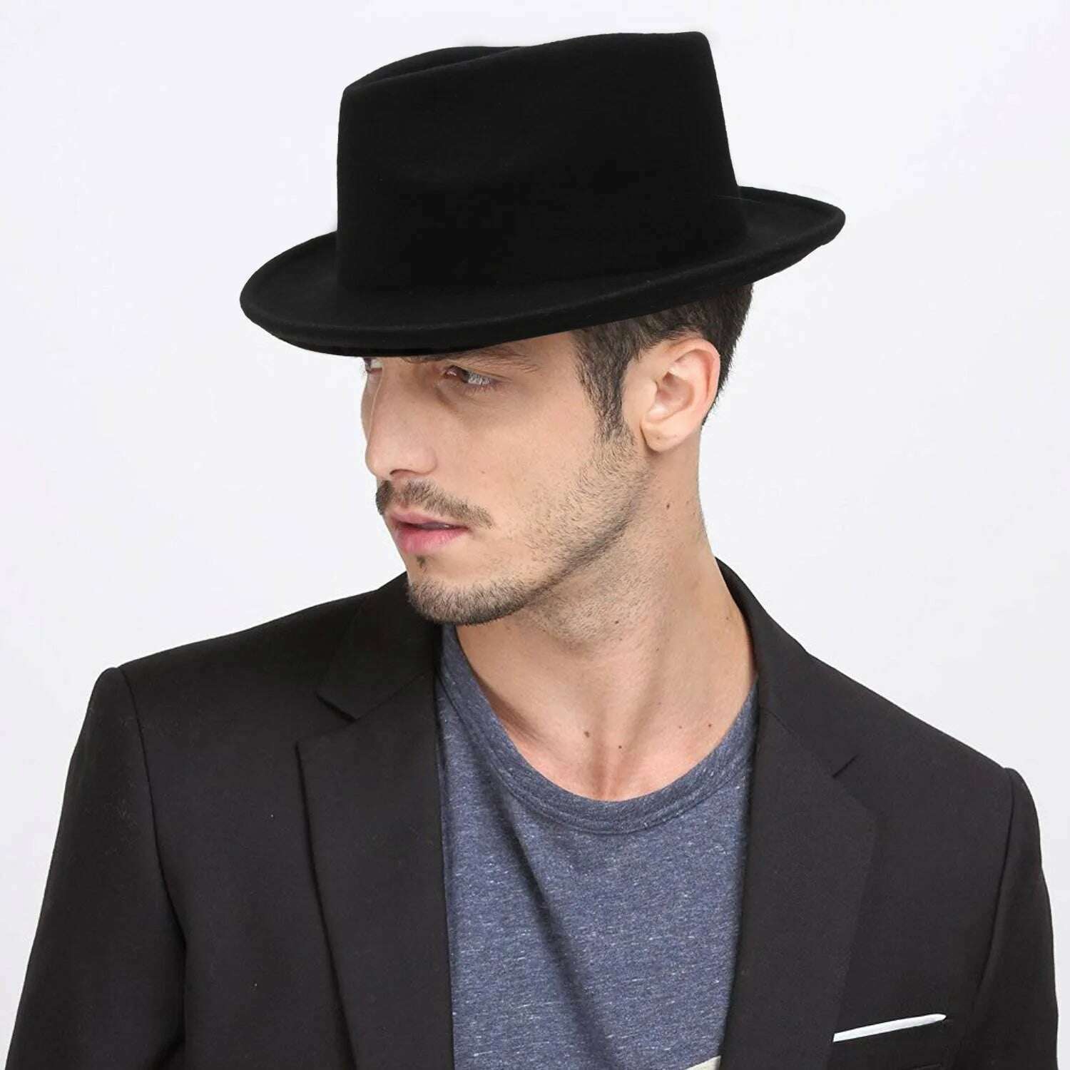 KIMLUD, Fall Winter Men&#39;s Wool Fedoras Hat Male Curled Jazz Fedora Cap Adult European American Black Gentlemen Fashion Party Hats H7221, KIMLUD Womens Clothes