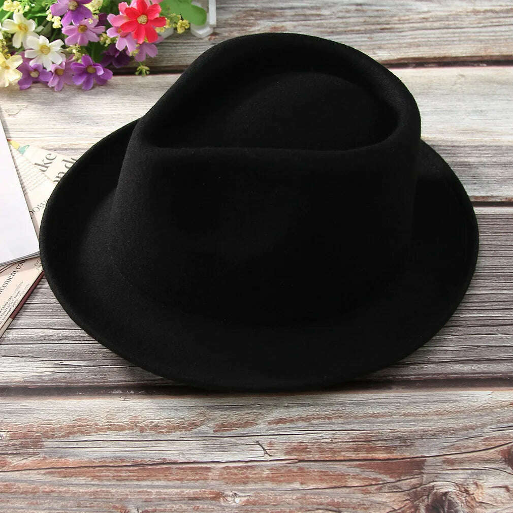 KIMLUD, Fall Winter Men&#39;s Wool Fedoras Hat Male Curled Jazz Fedora Cap Adult European American Black Gentlemen Fashion Party Hats H7221, KIMLUD Womens Clothes