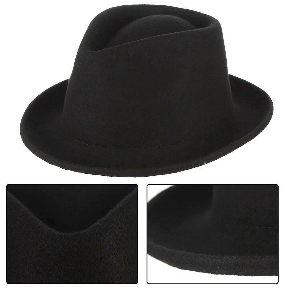 KIMLUD, Fall Winter Men&#39;s Wool Fedoras Hat Male Curled Jazz Fedora Cap Adult European American Black Gentlemen Fashion Party Hats H7221, KIMLUD Womens Clothes