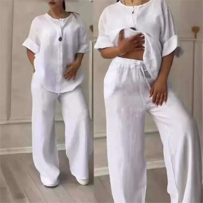 KIMLUD, Fall Winter White Fashion Womens 2 Piece Set Suit Long Sleeve Loose Top Wide Leg Trousers Casual Cotton Linen Suit Women Clothes, KIMLUD Womens Clothes