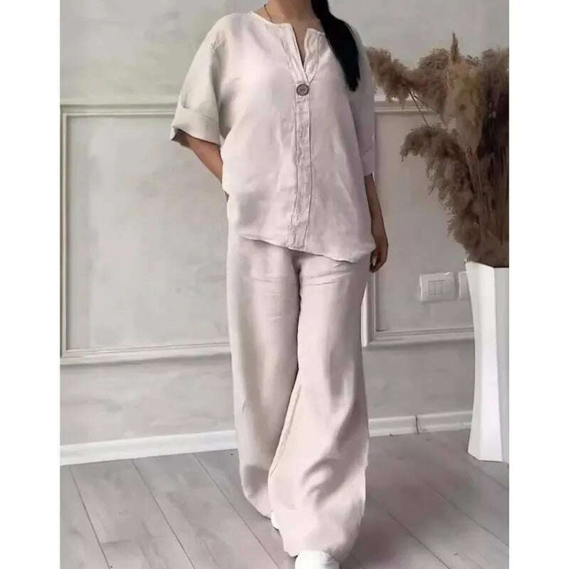 Fall Winter White Fashion Womens 2 Piece Set Suit Long Sleeve Loose Top Wide Leg Trousers Casual Cotton Linen Suit Women Clothes - KIMLUD