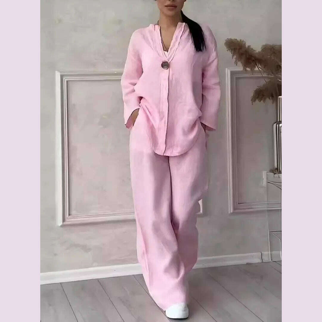 KIMLUD, Fall Winter White Fashion Womens 2 Piece Set Suit Long Sleeve Loose Top Wide Leg Trousers Casual Cotton Linen Suit Women Clothes, Pink / S, KIMLUD APPAREL - Womens Clothes