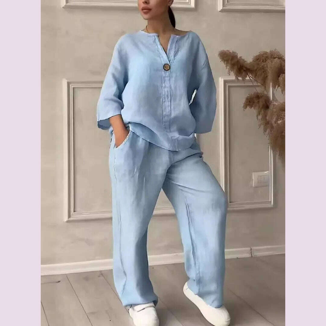 KIMLUD, Fall Winter White Fashion Womens 2 Piece Set Suit Long Sleeve Loose Top Wide Leg Trousers Casual Cotton Linen Suit Women Clothes, Light  Blue / L, KIMLUD APPAREL - Womens Clothes