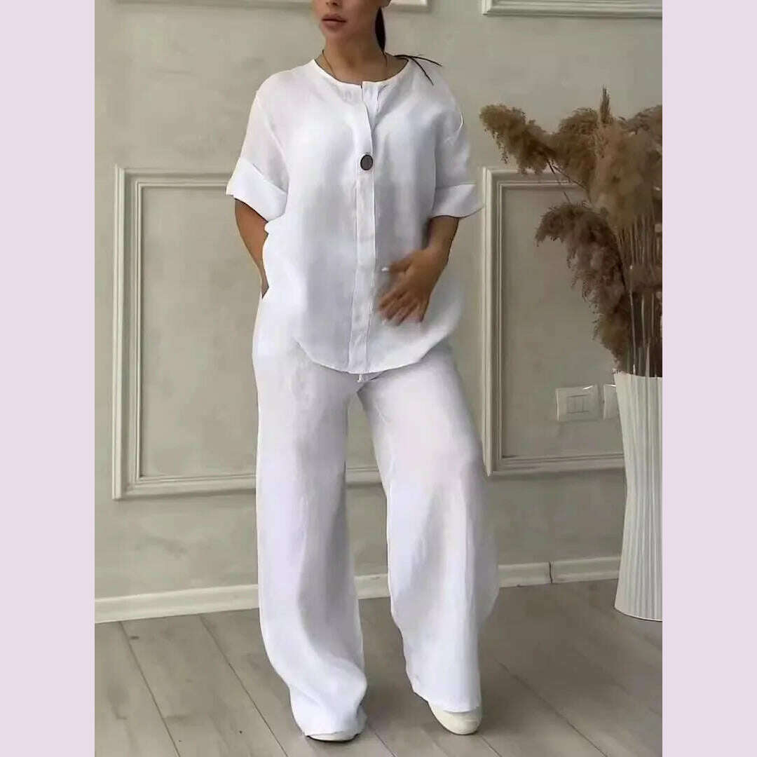 Fall Winter White Fashion Womens 2 Piece Set Suit Long Sleeve Loose Top Wide Leg Trousers Casual Cotton Linen Suit Women Clothes - KIMLUD