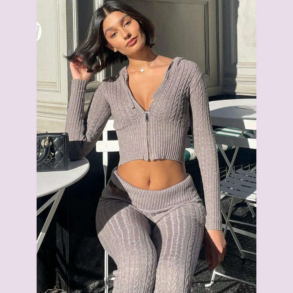 Fantoye Knitted Long Sleeve Zipper Hooded Women Two Piece Sets Thicken Sweater Skinny Long Pant Suit Solid Casual Sweatshirt Set - KIMLUD