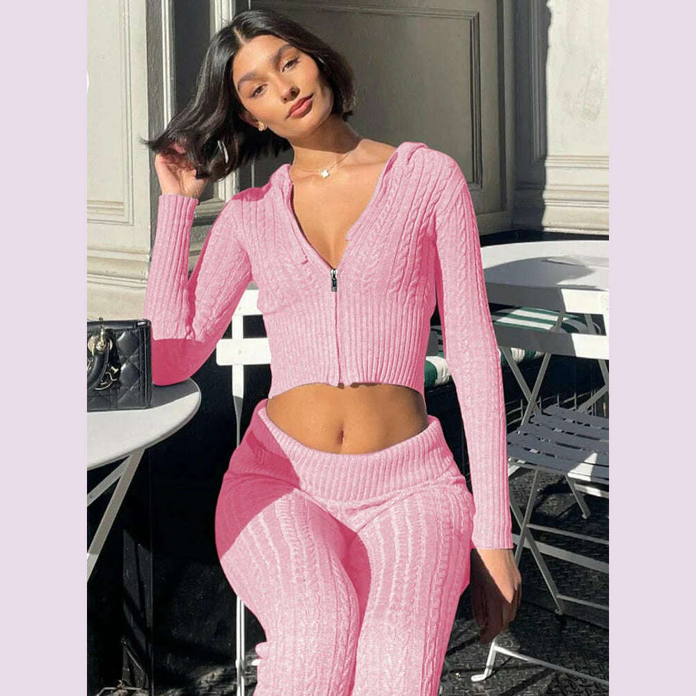 Fantoye Knitted Long Sleeve Zipper Hooded Women Two Piece Sets Thicken Sweater Skinny Long Pant Suit Solid Casual Sweatshirt Set - KIMLUD