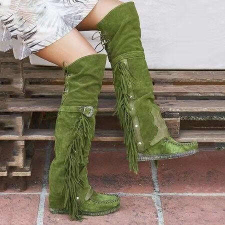 KIMLUD, Fashion Bohemia Knee-length Women Boots Ethnic Personality High Boot Tassels Faux Suede Boots Girl Flat Bottom Long Botas Mujer, KIMLUD Womens Clothes