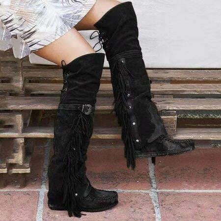 KIMLUD, Fashion Bohemia Knee-length Women Boots Ethnic Personality High Boot Tassels Faux Suede Boots Girl Flat Bottom Long Botas Mujer, KIMLUD Womens Clothes