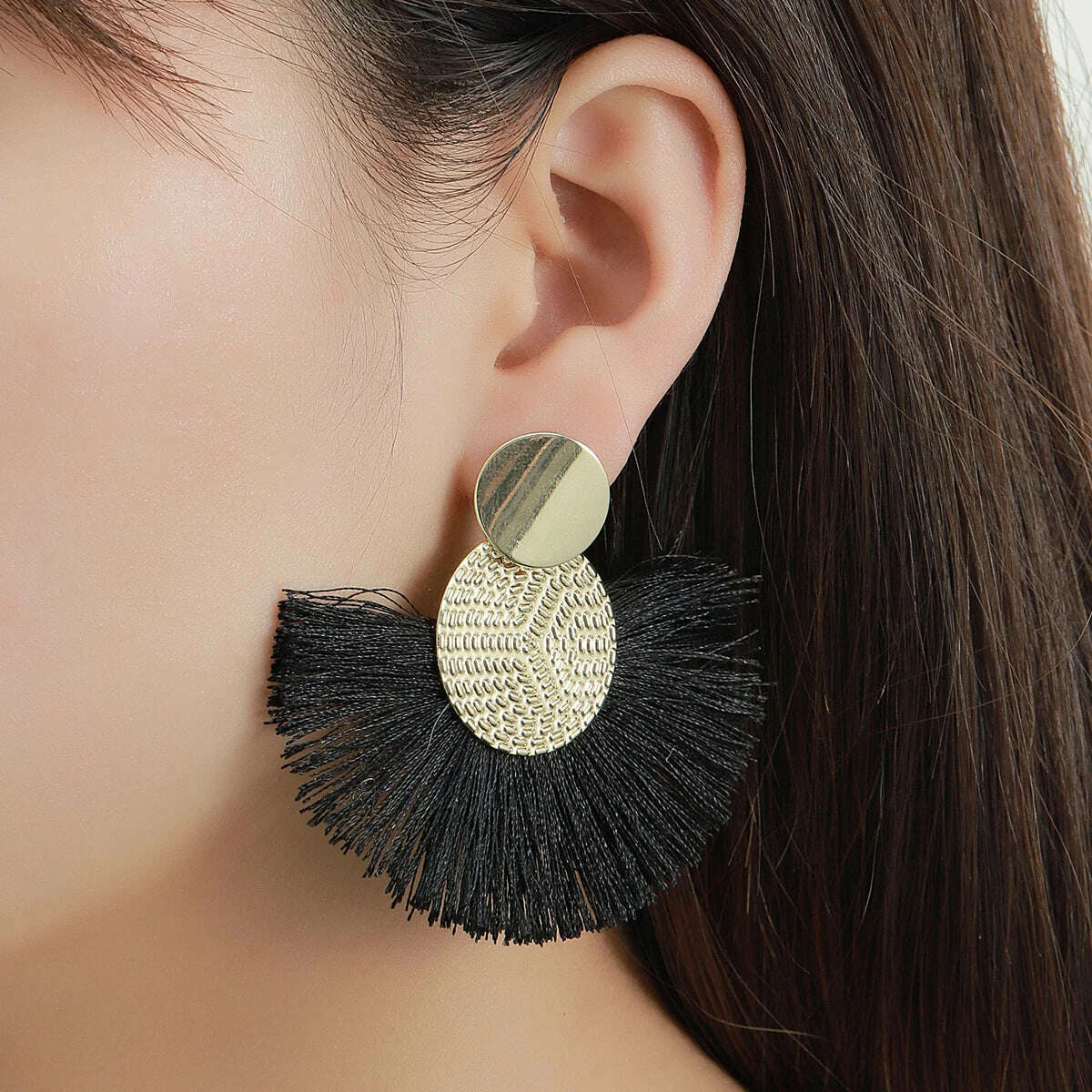 KIMLUD, Fashion Bohemian Big Tassel Dangle White Fringe Female Earrings Drop Earrings for Women Statement Wedding 2023 Jewelry, black, KIMLUD APPAREL - Womens Clothes