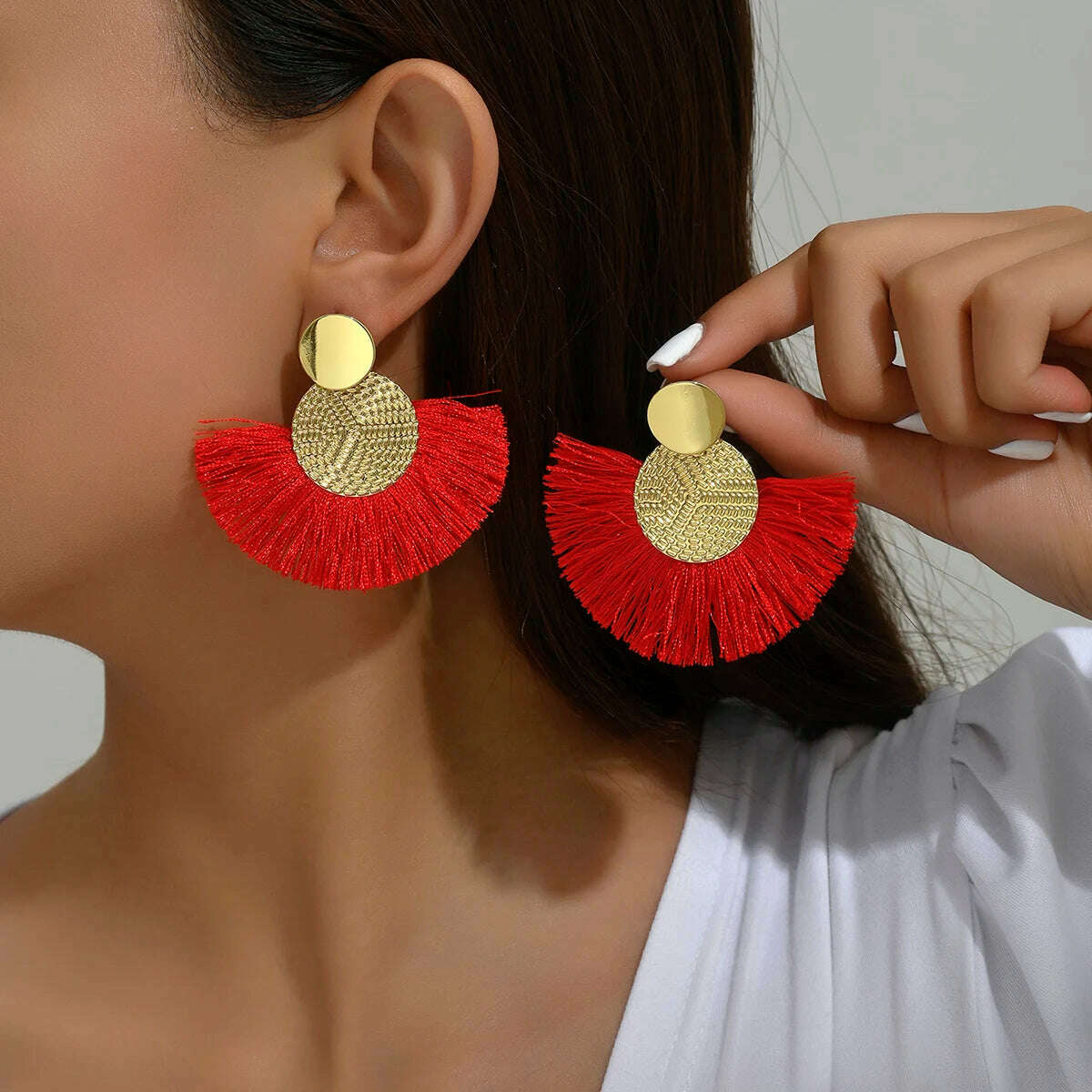 KIMLUD, Fashion Bohemian Big Tassel Dangle White Fringe Female Earrings Drop Earrings for Women Statement Wedding 2023 Jewelry, RED, KIMLUD APPAREL - Womens Clothes