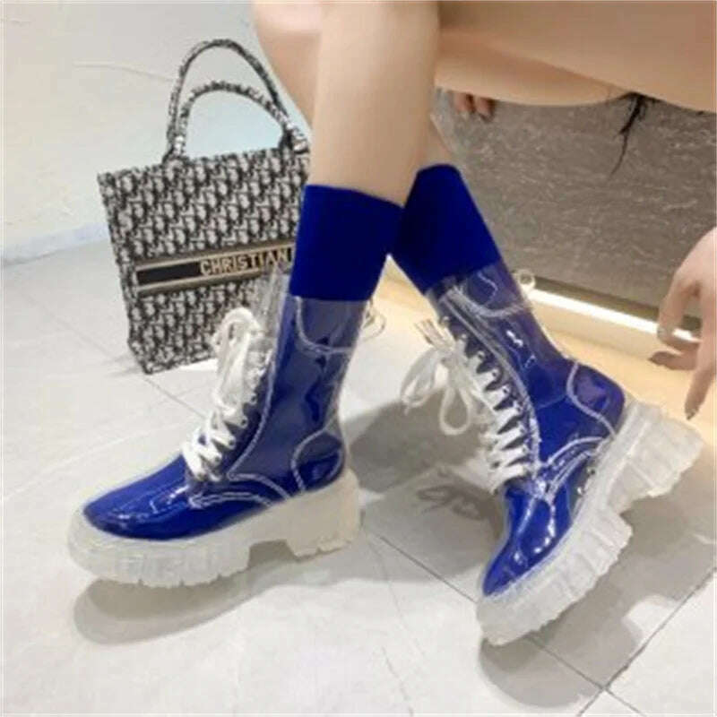 KIMLUD, Fashion boots women's 2022 autumn winter new lace-up transparent  boots net red sponge cake jelly thick-soled ankle boots, Blue / 35, KIMLUD APPAREL - Womens Clothes