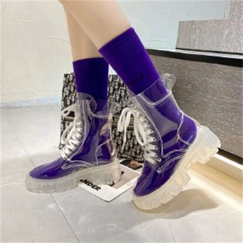 KIMLUD, Fashion boots women's 2022 autumn winter new lace-up transparent  boots net red sponge cake jelly thick-soled ankle boots, Purple / 35, KIMLUD APPAREL - Womens Clothes