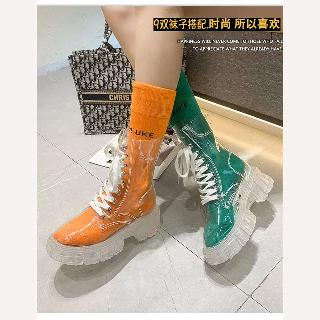 KIMLUD, Fashion boots women's 2022 autumn winter new lace-up transparent  boots net red sponge cake jelly thick-soled ankle boots, KIMLUD Womens Clothes