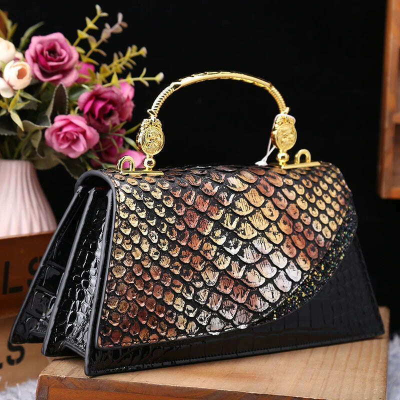 KIMLUD, Fashion Brand Genuine Leather Women's Handbags 2024 New Crocodile Pattern Shoulder Crossbody Bag Lady Party Messenger Shell Bags, black gold, KIMLUD APPAREL - Womens Clothes