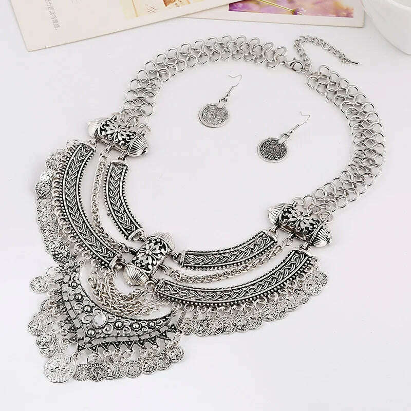 KIMLUD, Fashion Choker Collar Jewelry Sets For Women Coin Tassel Ethnic Gypsy Bohemian Statement Collier Necklaces Drop Dangle Earrings, KIMLUD Womens Clothes