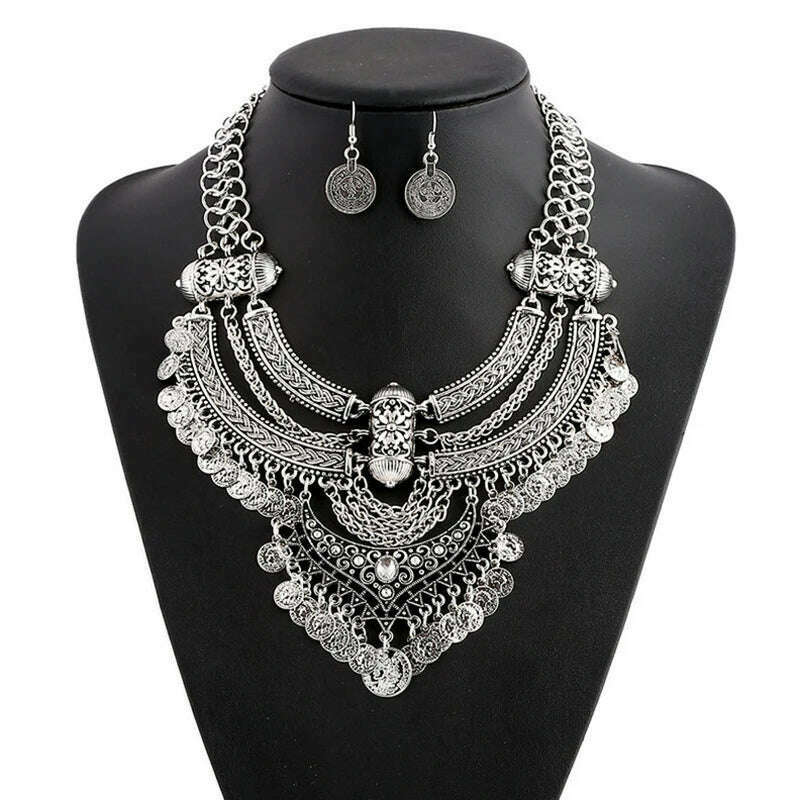 KIMLUD, Fashion Choker Collar Jewelry Sets For Women Coin Tassel Ethnic Gypsy Bohemian Statement Collier Necklaces Drop Dangle Earrings, KIMLUD Womens Clothes