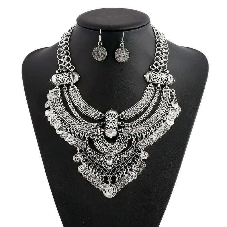 KIMLUD, Fashion Choker Collar Jewelry Sets For Women Coin Tassel Ethnic Gypsy Bohemian Statement Collier Necklaces Drop Dangle Earrings, Antique Silver, KIMLUD APPAREL - Womens Clothes