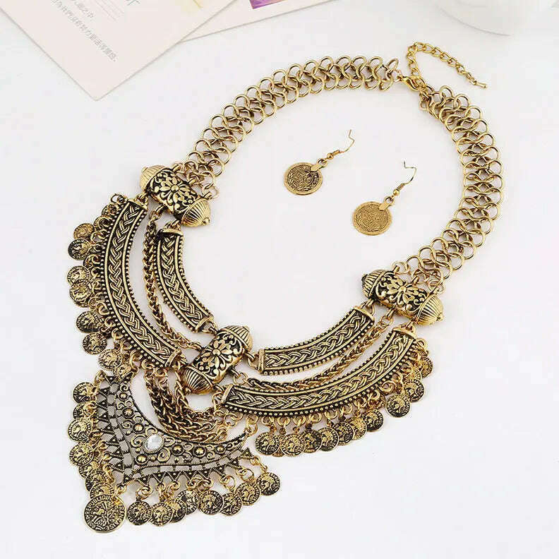 KIMLUD, Fashion Choker Collar Jewelry Sets For Women Coin Tassel Ethnic Gypsy Bohemian Statement Collier Necklaces Drop Dangle Earrings, Antique Gold, KIMLUD APPAREL - Womens Clothes