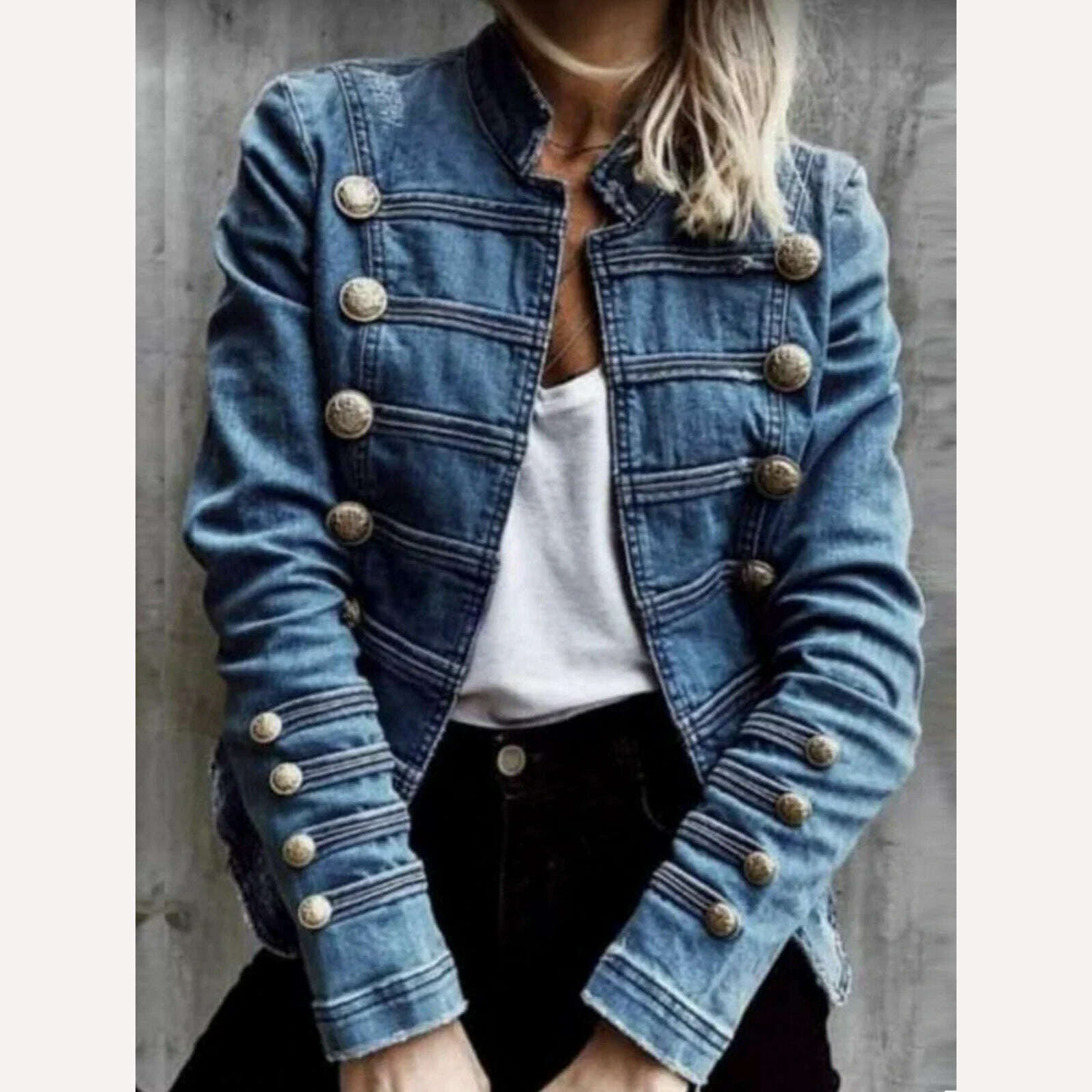 KIMLUD, Fashion Commuter Denim Coat Women Autumn New European American Slim Fit Top Elegant All-match Double Breasted Jackets 2024, Blue / M / CHINA, KIMLUD APPAREL - Womens Clothes