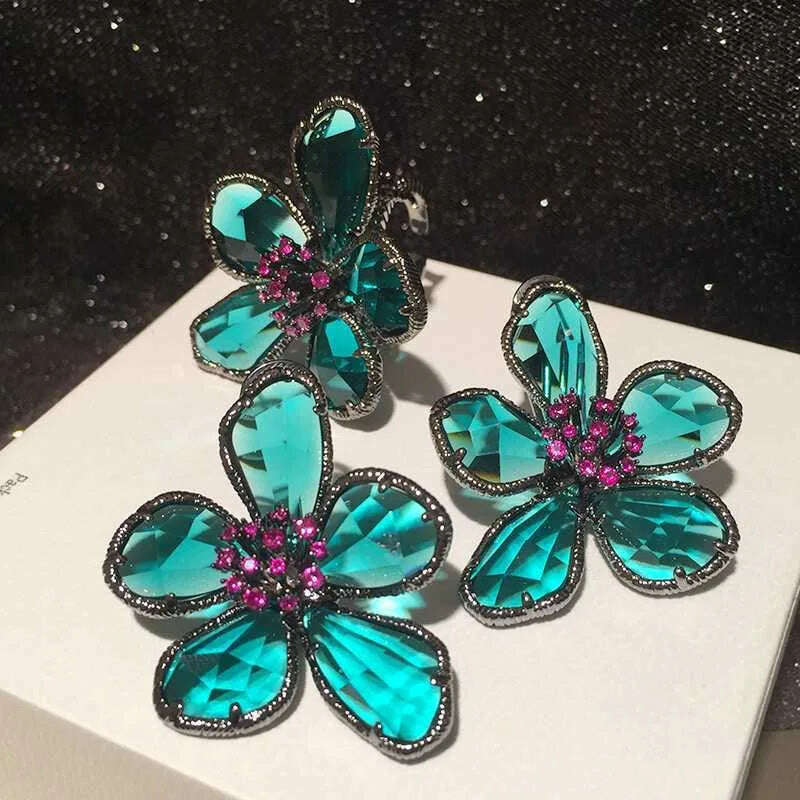 Fashion Crystal Flower Stud Earrings Brooch Ring Jewelry for Women Fashion Girls Vintage Jewelry Party Gift - KIMLUD