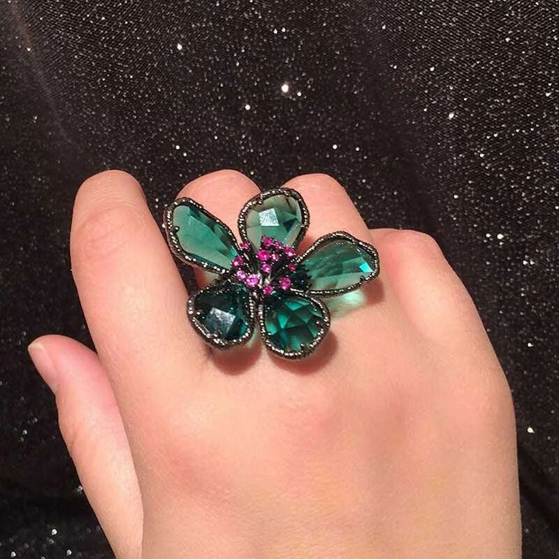 Fashion Crystal Flower Stud Earrings Brooch Ring Jewelry for Women Fashion Girls Vintage Jewelry Party Gift - KIMLUD
