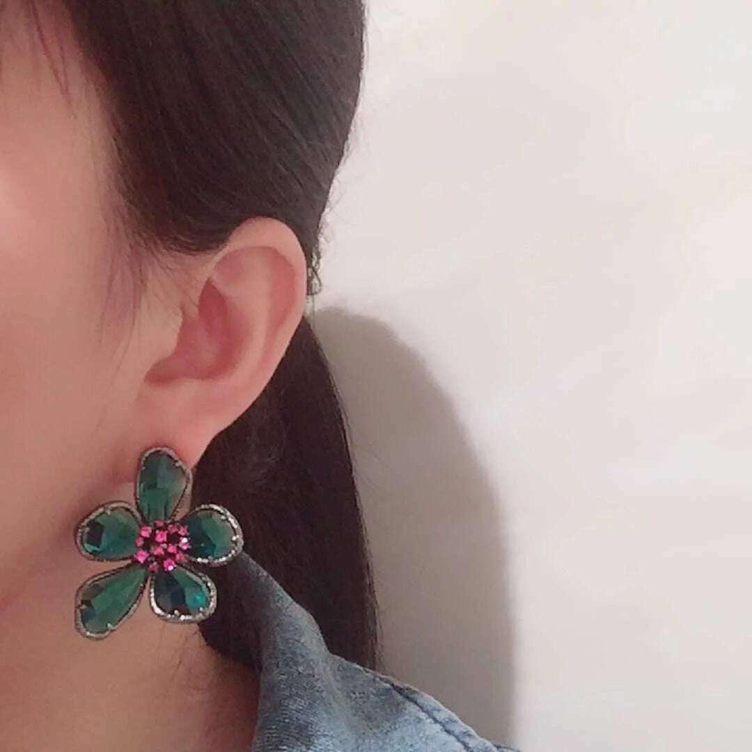 Fashion Crystal Flower Stud Earrings Brooch Ring Jewelry for Women Fashion Girls Vintage Jewelry Party Gift - KIMLUD