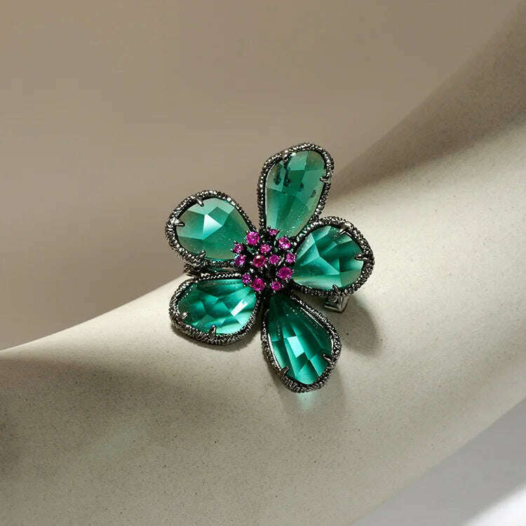 Fashion Crystal Flower Stud Earrings Brooch Ring Jewelry for Women Fashion Girls Vintage Jewelry Party Gift - KIMLUD