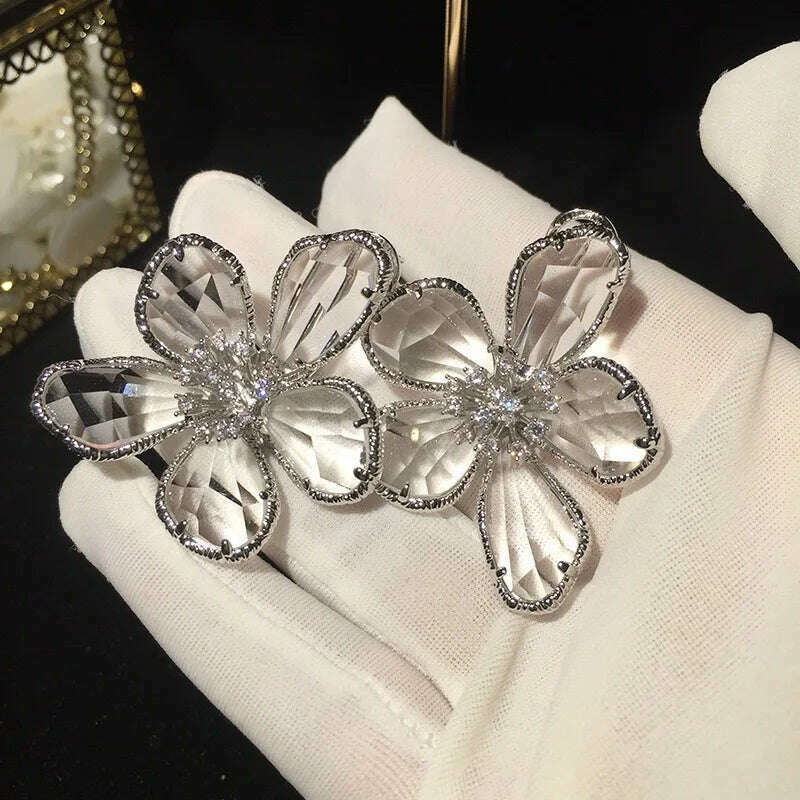 Fashion Crystal Flower Stud Earrings Brooch Ring Jewelry for Women Fashion Girls Vintage Jewelry Party Gift - KIMLUD